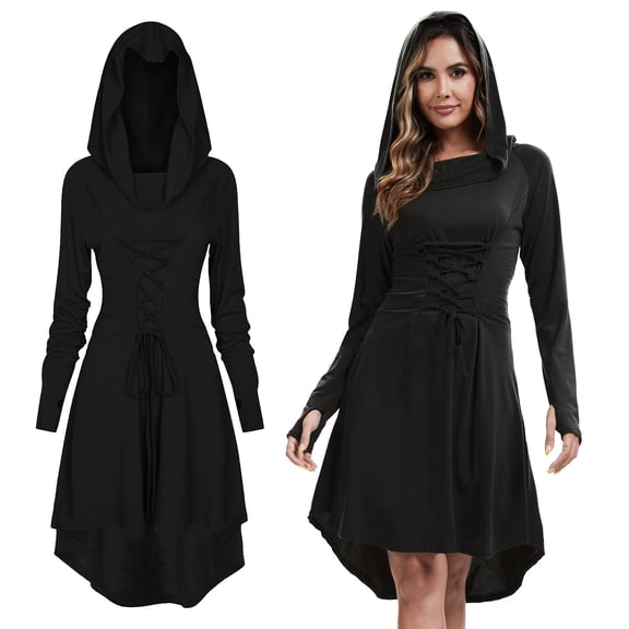 MYATED Womens Renaissance Costumes Halloween Costume for Womens Vintage Hooded Costume Medieval Dress High Low Pullover Dress,Black,S
