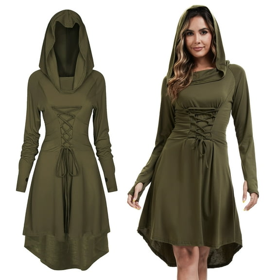 MYATED Womens Renaissance Costumes Halloween Costume for Womens Vintage Hooded Costume Medieval Dress High Low Pullover Dress,Green,M