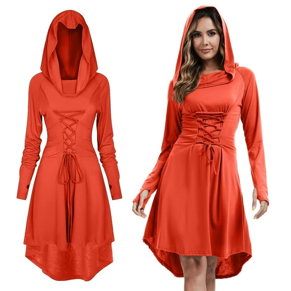 MYATED Womens Renaissance Costumes Halloween Costume for Womens Vintage Hooded Costume Medieval Dress High Low Pullover Dress,Red,M