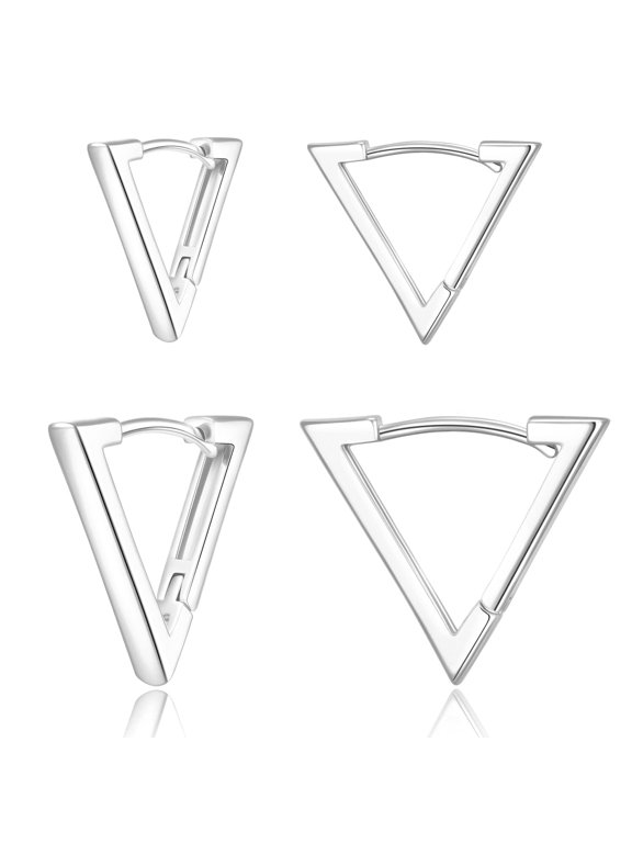 2 Pairs Silver Plated Minimalist Geometric Triangle Huggies V Shaped Hoop Earrings for Women