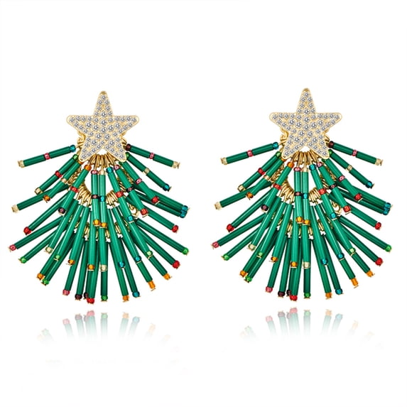 MYCUTEY Christmas Tree Earrings For Women Green Tubes Tassel Tree Dangle Earrings CZ Star Studs