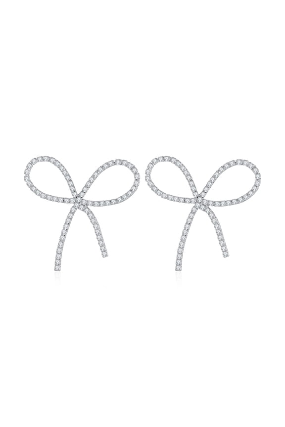 Cute Silver Bow Rhinestone Earrings Cubic Zirconia Bow Knot Drop Earrings for Women Gift