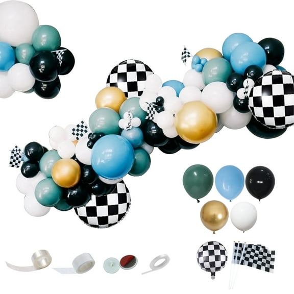 MYDECORBL Race Car Balloons Garland Kit,88Pcs Retro Willow Green Matte Light Blue Balloons&nbsp;Tracking Flag&nbsp;for Racing Car Birthday Theme Party Decorations Supplies