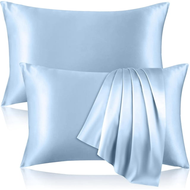 Satin Pillowcase Queen Pillow Cases Set of 2 Silky Pillow Cover with Envelope Closure,Light Blue 20x30 inches MYDOMIC