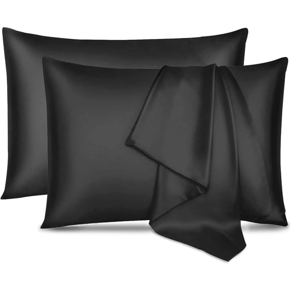 Satin Pillowcase Queen Pillow Cases Set of 2 Silky Pillow Cover with Envelope Closure,Black 20x30 inches MYDOMIC