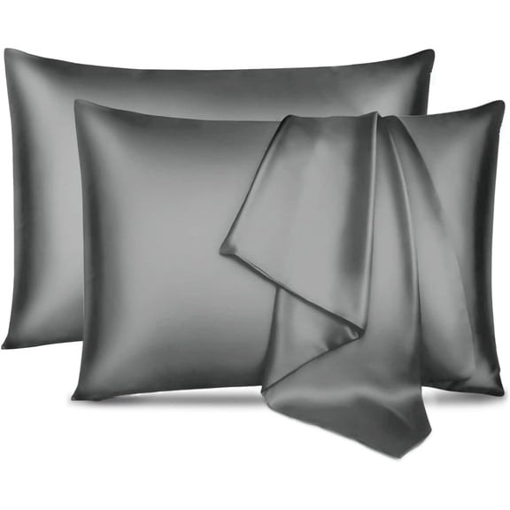 MYDOMIC Satin Pillowcase Queen Pillow Cases Set of 2 Silky Pillow Cover with Envelope Closure,Dark Grey 20x30 inches
