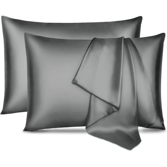 MYDOMIC Satin Pillowcase Queen Pillow Cases Set of 2 Silky Pillow Cover with Envelope Closure,Dark Grey 20x30 inches