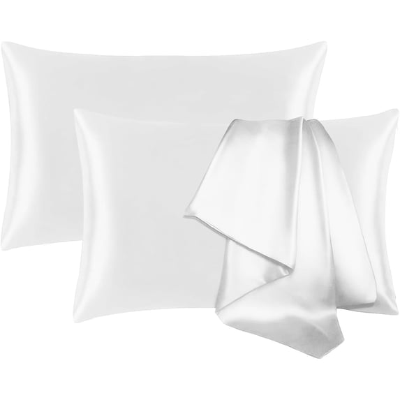 Satin Pillowcase Standard Pillow Cases Set of 2 Silky Pillow Cover with Envelope Closure,White 20x26 inches MYDOMIC