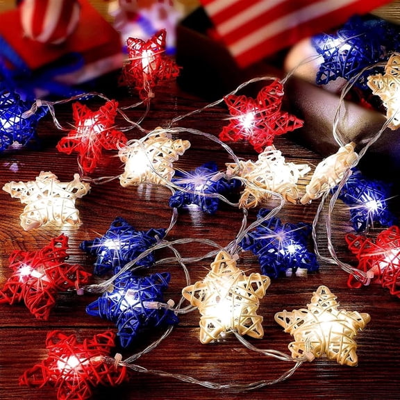 MYFLOCY 4th of July American 9.8ft Rattan Star Lights Decorations Battery Operated 20LED Patriotic String Lights Memorial Day Outdoor Decor ( Red White Blue )