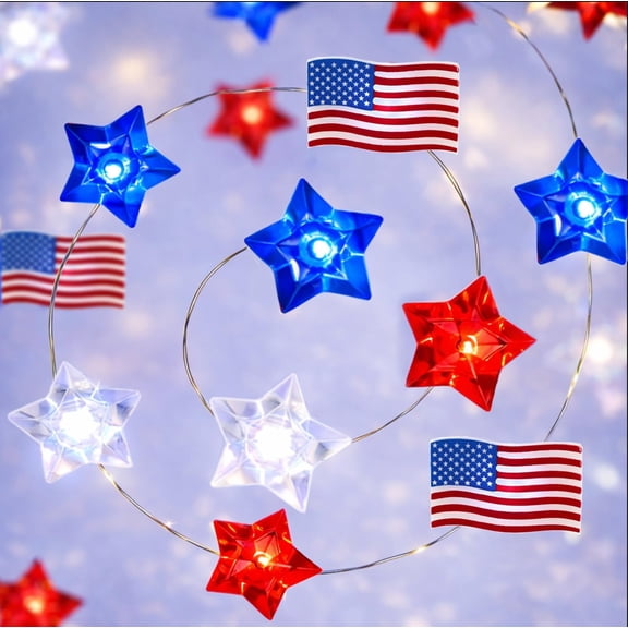 MYFLOCY 4th of July American Flag Lights Decorations Independence Day 30LED 9.8ft Patriotic String Lights Memorial Day Outdoor Decor ( Flag Pentagram )