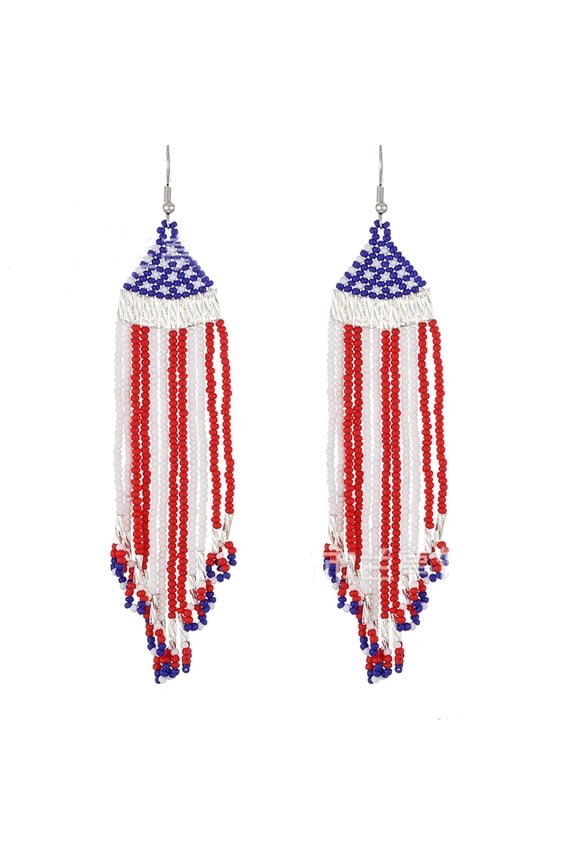 4th of july Long Beaded Tassel Earrings Bohemia American Independence Day Rice Bead Earrings Gift(Large)