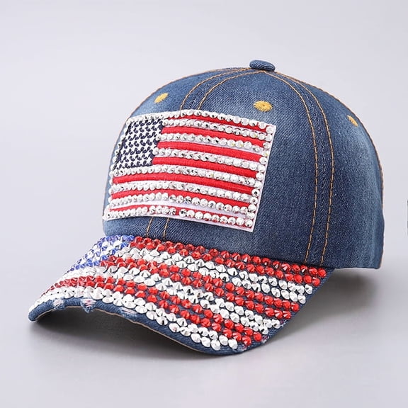 MYFLOCY American Flag Baseball Cap 4th of July Denim Distressed Rhinestone Hat for Women Men(Flag)