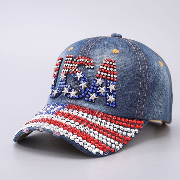 MYFLOCY American Flag Baseball Cap 4th of July Denim Distressed Rhinestone Hat for Women Men(USA)