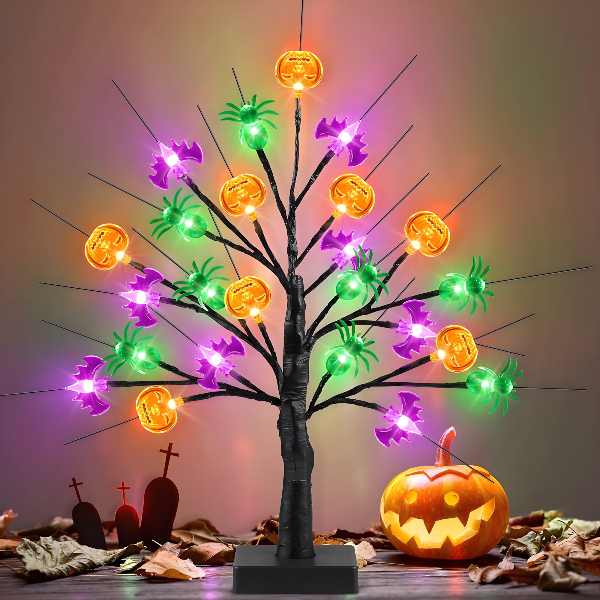 MYFLOCY Halloween 18 Inch Tree Lights 24 LED Pumpkin Bat Spider Indoor ...
