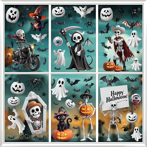 MYFLOCY Halloween Glass Window Stickers Motorcycle Skeleton Cat Home Decorations