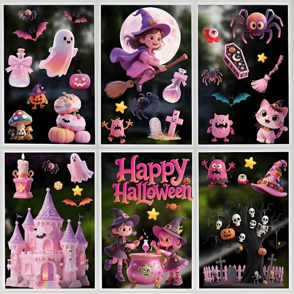 MYFLOCY Halloween Glass Window Stickers Pink Castle Home Decorations