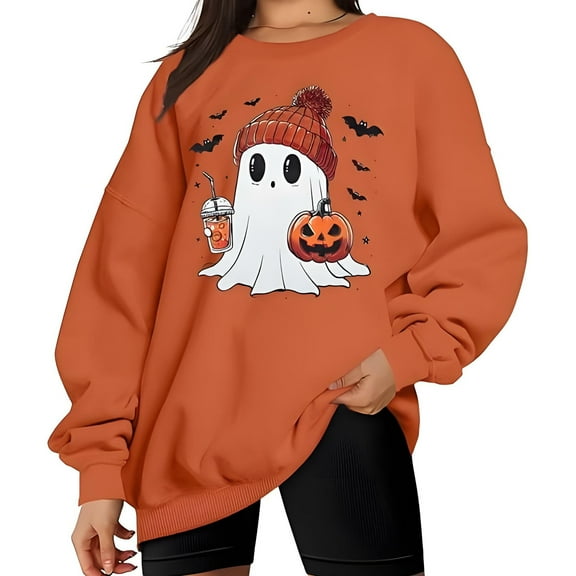 MYFLOCY Halloween Sweatshirts for Women Orange Ghost Pumpkin Bat Pullover Shirts Crewneck Sweaters Clothes ( XXL )