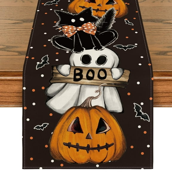 MYFLOCY Halloween Table Runner 13x72 Inch Ghost Pumpkin Cat Fall Kitchen Dining Table Decoration