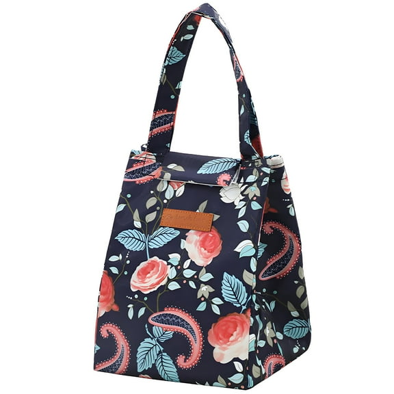 MYFLOCY Women Small Reusable Lunch Tote Bag Thermal Cooler Box Insulated Lunch Sack(Blue Background Red Roses)