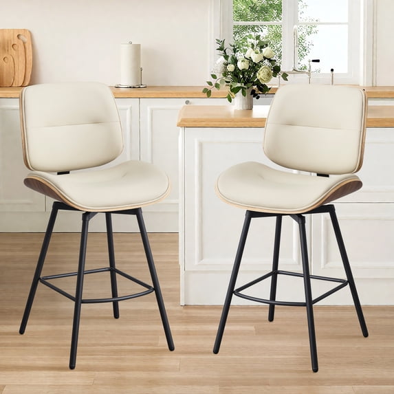 MYFUNT Bar Stools Set of 2, Mid-Century Modern 26" Counter Height Barstools with Walnut Back & Footrest, Upholstered PU Leather Bar Chairs Island Stools for Kitchen Counter, Beige