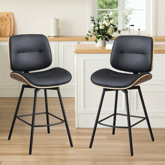 MYFUNT Walnut Back Mid-Century Modern and Upholstered PU Leather Bar Stools - Set of 2, Black
