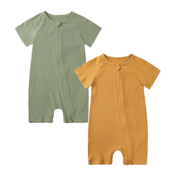 MYGBCPJS Baby Boy Romper Sleepsuit Toddler Baby Girl Short Sleeve Bodysuit Pajamas, Bamboo Rayon, Ribbed Knitted, 2-Pack
