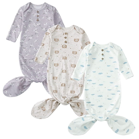 MYGBCPJS Newborn Baby Knotted Gown Infant Long Sleeve Mitten Cuffs Gowns Coming Home Sleeping Bag, 3-Pack, Size 0-6 Months