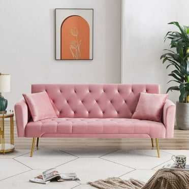 MYINDA Modern Velvet Folding Recliner Convertible Loveseat with 2 Pillows, Pink
