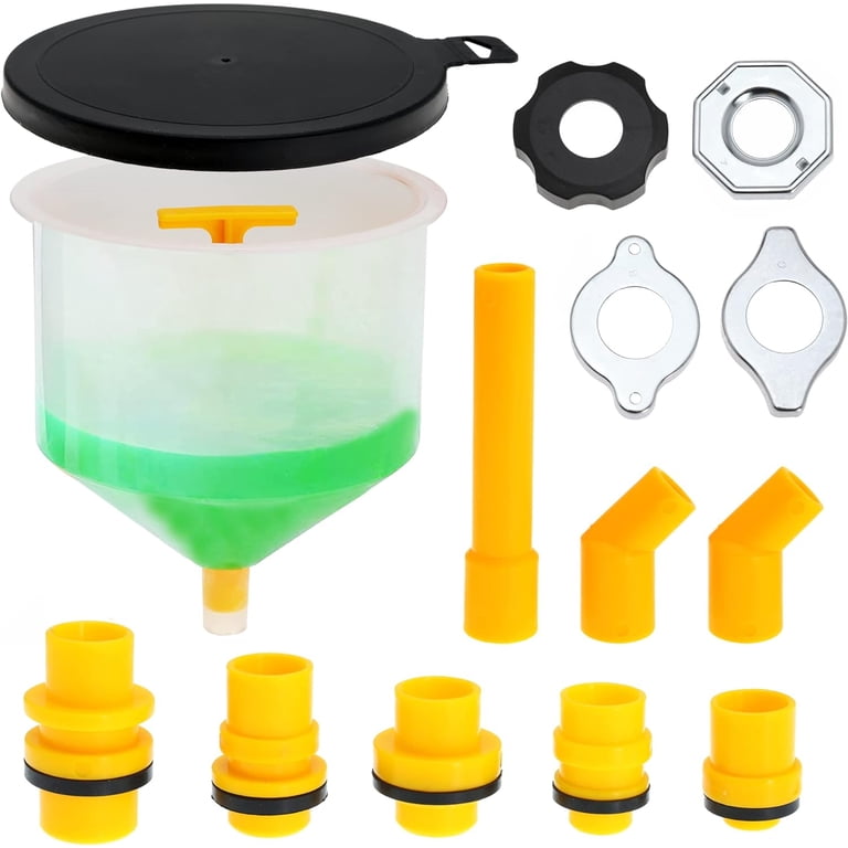 complete set of radiator cleaning tools and supplies including socket wrench, drain pan, funnel, soft brush, radiator flush chemical, distilled water, fresh coolant