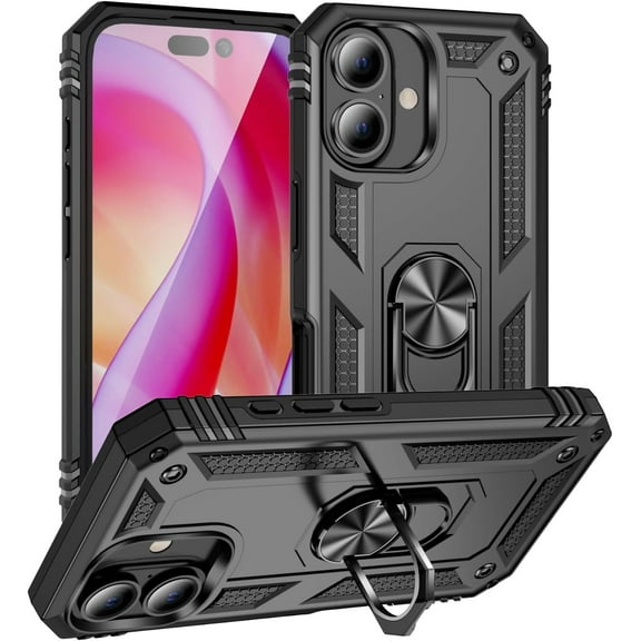 MYKOMI Compatible with Apple iPhone 16E Case SE 4 Phone Cover with Finger Ring Holder Kickstand Military Grade Shockproof Heavy Duty Protective Cover for iPhone 16e / SE 2025