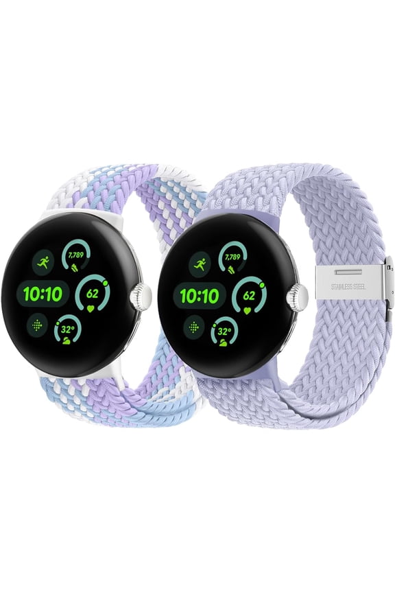 2 Pack Braided Bands Compatible With Google Pixel Watch 3/2 45mm 41mm - Adjustable Stretchy Nylon Breathable Sport Straps for Women Men