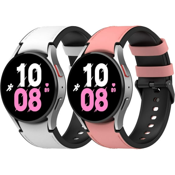 MYKOMI 2 Pack Leather Watch Bands for Samsung Galaxy Watch 6 Classic 43mm 47mm/Watch 5 Pro/Galaxy Watch 7 6 5 4 3 Band 40mm 44mm, 20mm Soft Leather Silicone Sports Strap Women Men Wristband