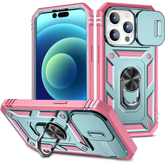MYKOMI 3-in-1 Phone Case, Slide Camera Cover Heavy Duty Armor Style Case with Rotate Ring Stand & Card Holder Slot for iPhone 13 Pro Case