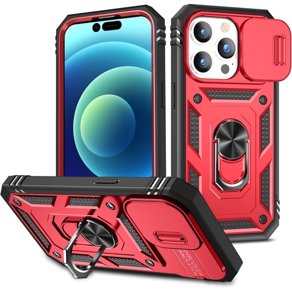 MYKOMI 3-in-1 Phone Case, Slide Camera Cover Heavy Duty Armor Style Case with Rotate Ring Stand & Card Holder Slot for iPhone 13 Pro Case