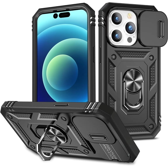 MYKOMI 3-in-1 Phone Case, Slide Camera Cover Heavy Duty Armor Style Case with Rotate Ring Stand & Card Holder Slot for iPhone 13 Pro Case