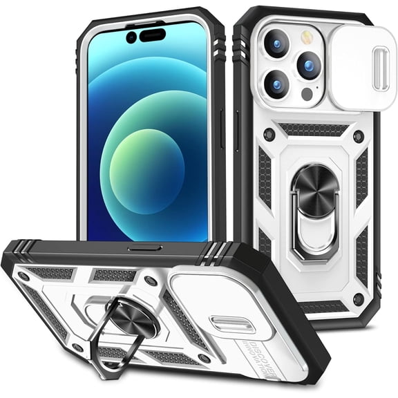 MYKOMI 3-in-1 Phone Case, Slide Camera Cover Heavy Duty Armor Style Case with Rotate Ring Stand & Card Holder Slot for iPhone 13 Pro Case
