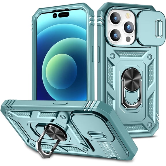 MYKOMI 3-in-1 Phone Case, Slide Camera Cover Heavy Duty Armor Style Case with Rotate Ring Stand for iPhone 13 Case