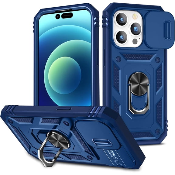 MYKOMI 3-in-1 Phone Case, Slide Camera Cover Heavy Duty Armor Style Case with Rotate Ring Stand for iPhone 14 Case