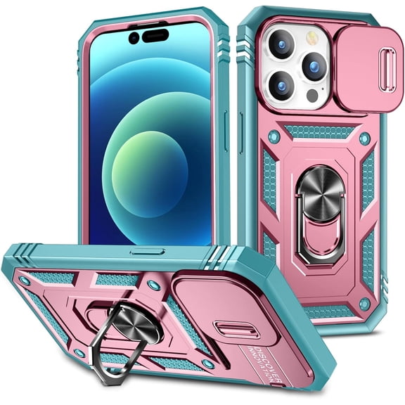 MYKOMI 3-in-1 Phone Case, Slide Camera Cover Heavy Duty Armor Style Case with Rotate Ring Stand for iPhone 14 Case