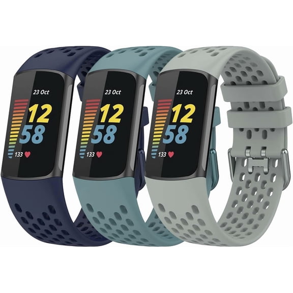 MYKOMI 3PCS Silicone Breathable Replacement Watchbands Compatible with Fitbit Charge 6/Charge 5 Smartwatch