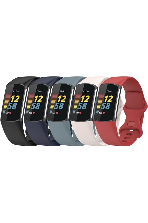 5PCS Bands Compatible with Fitbit Charge 6/Charge 5 Straps Replacement Soft Silicone Wristbands Armbands Accessory for Women Men,Small/Large Size