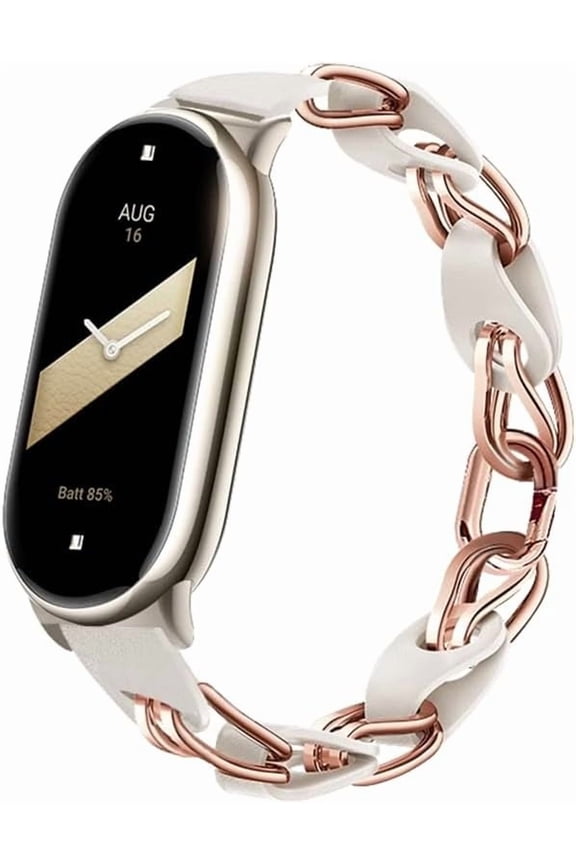 Band Compatible with Xiaomi Smart Band 8 Strap, Stainless Steel Leather Ring Chain Belt Miband 8 Straps Breathable Belt Elegant Replacement Watch Band for Ladies