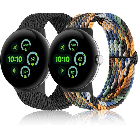 MYKOMI Bands Compatible with Google Pixel Watch 3 45mm, Stretchy Braided Nylon 2 Pack Soft Loop Strap Replacement Adjustable Elastic Wristband for Google Pixel Watch 3 45mm Smart Watch for Women Men