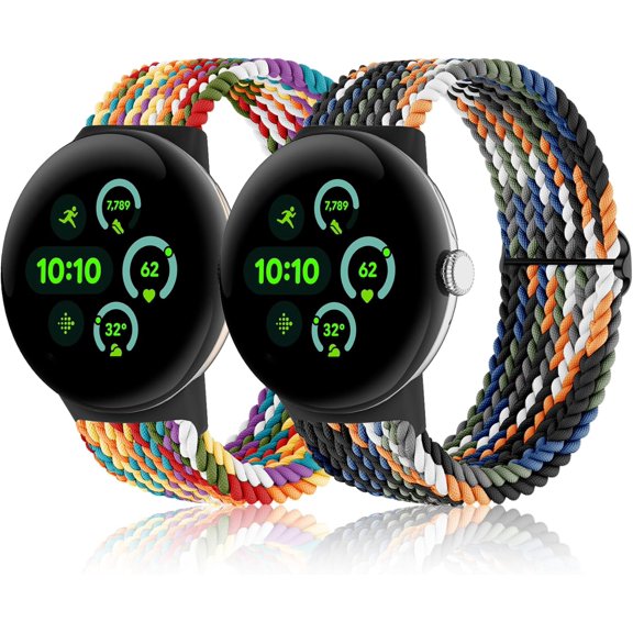 MYKOMI Bands Compatible with Google Pixel Watch 3 45mm, Stretchy Braided Nylon 2 Pack Soft Loop Strap Replacement Adjustable Elastic Wristband for Google Pixel Watch 3 45mm Smart Watch for Women Men