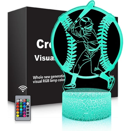 MYKOMI Baseball Gift 3D Night Light for Kids - 16 Colors & Flashing Modes with Remote Control Opreated Dimmable - Baseball Player Decor - Christmas Birthday Gifts for Boys Girls Sport Fans