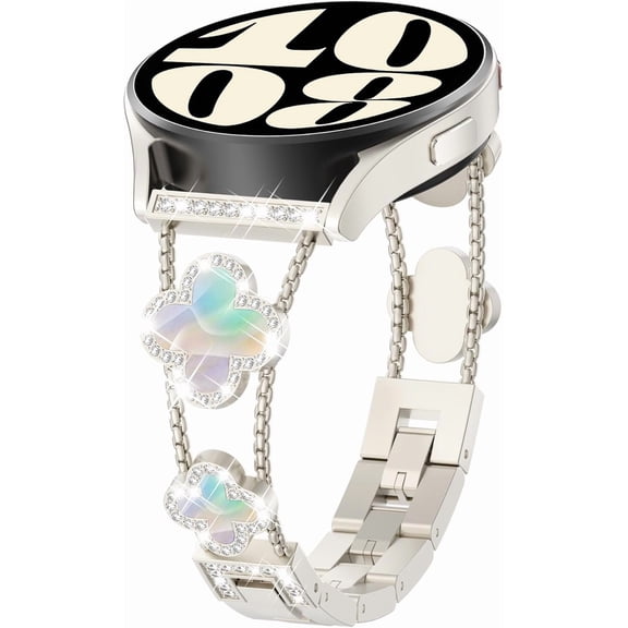 MYKOMI Bling Band for Samsung Galaxy Watch 7 6 5 4 FE Band 40mm 44mm Women Watch 5 Pro 45mm, Four Leaf Clover 20mm Bands for Active 2/ Watch 6/4 Classic 47mm 43mm 46mm 42mm/Watch 3 41mm