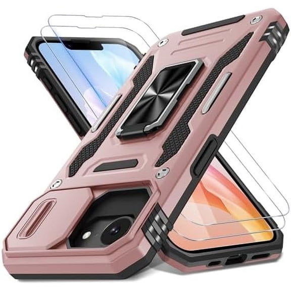 MYKOMI Case for iPhone 16E with Slide Camera Cover+Screen Protector (1 Pack), Rotated Ring Kickstand Military Grade Shockproof Protective Cover for iPhone SE4 2025