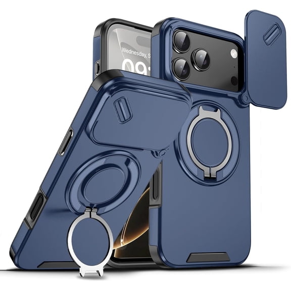 MYKOMI Case for iPhone 17 Pro Max,Military Grade [Built-in Kickstand] Magnetic Rotate Ring Holder Heavy Duty TPU+PC Drop Shockproof Protect Phone Case for iPhone 17 Pro Max,6.9 inch 2025