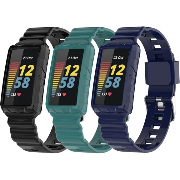 MYKOMI Compatible for Fitbit Charge 5 Bands with Case, Tactical Protective Cover Frame Athletic Strap Guard Rugged Sport Breathable Protector Watch Wristbands