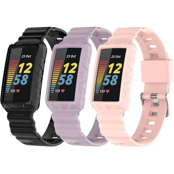 MYKOMI Compatible for Fitbit Charge 5 Bands with Case, Tactical Protective Cover Frame Athletic Strap Guard Rugged Sport Breathable Protector Watch Wristbands